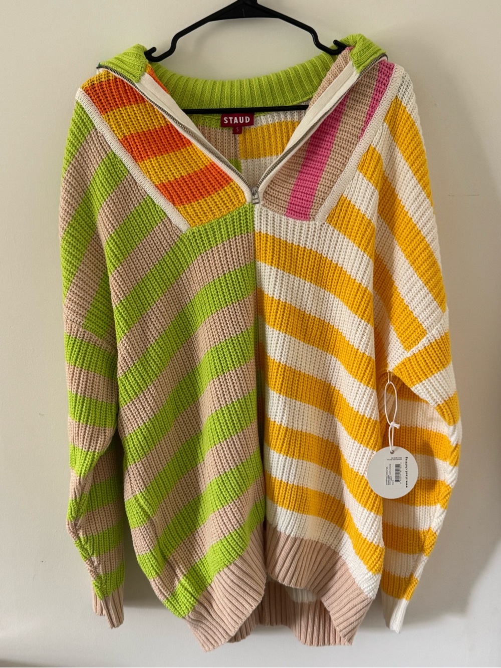 STAUD Striped Quarter Zip Sweater